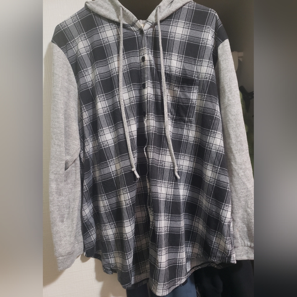 Hooded Plaid Button Up